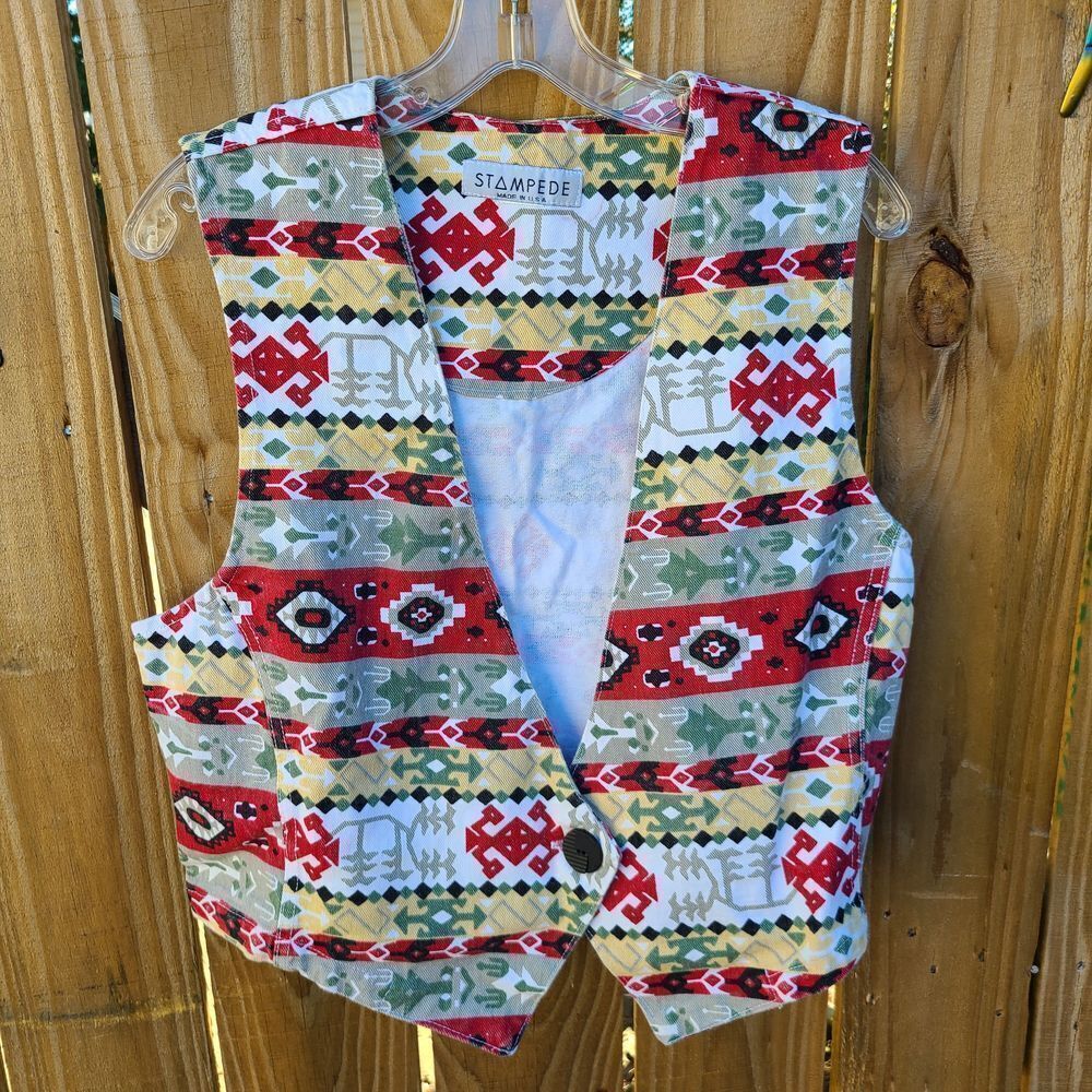 Vintage 90's Aztec Southwestern Tribal Denim Vest Stampede Made In USA Women's O